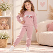 Girls Love Cats fleece outfit with sweatshirt and matching joggers in dusty rose pink