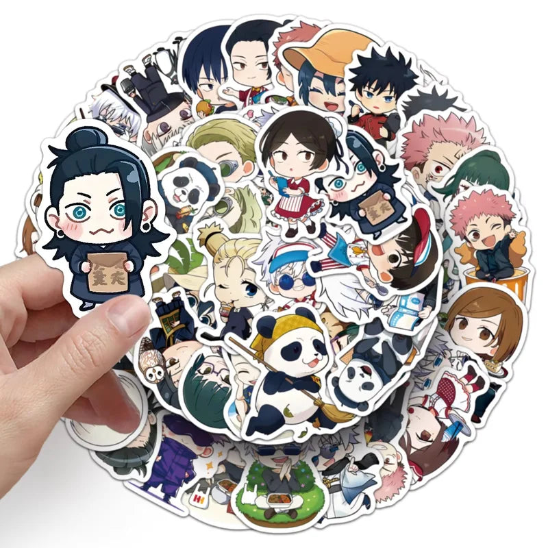 Circular sticker sheet with various cartoon characters held by a hand on a white background
