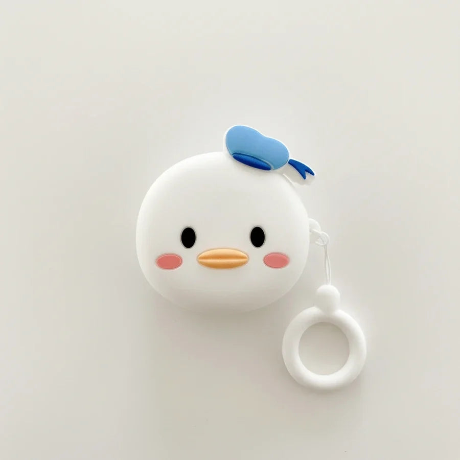 Cute cartoon duck character with a blue bow on a white background
