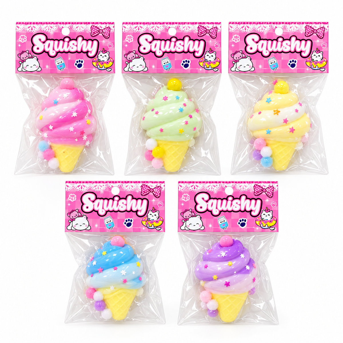 Kawaii ice cream squishy toys in five pastel colors