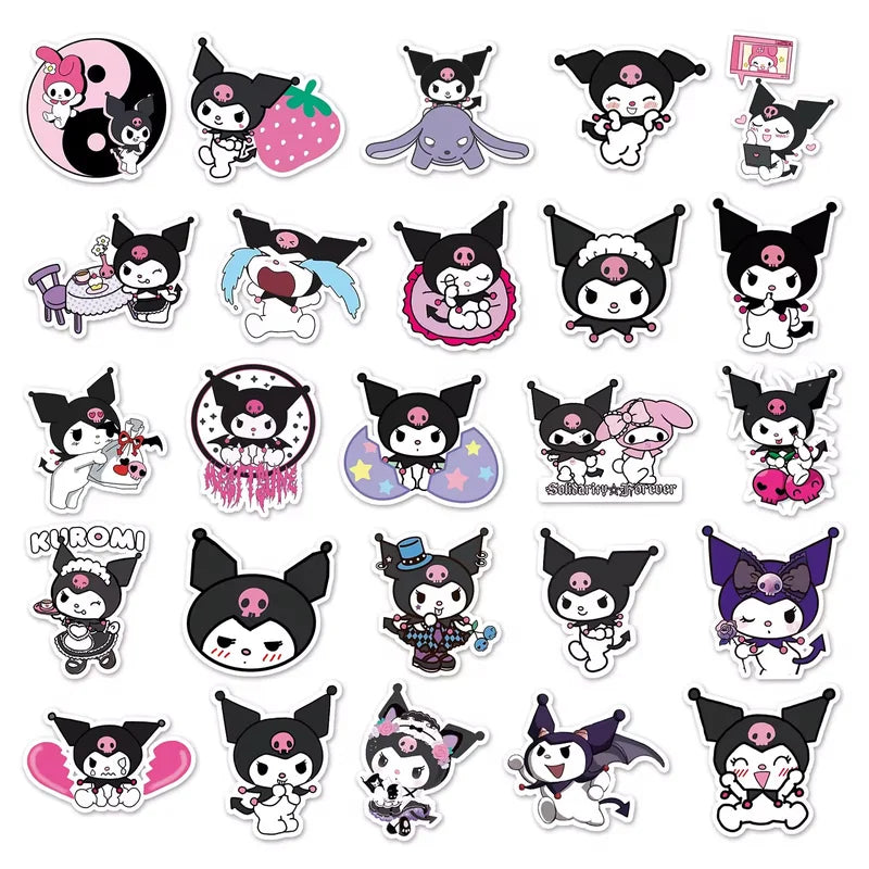 Collection of cartoon character stickers with black hair and pink accents on a white background