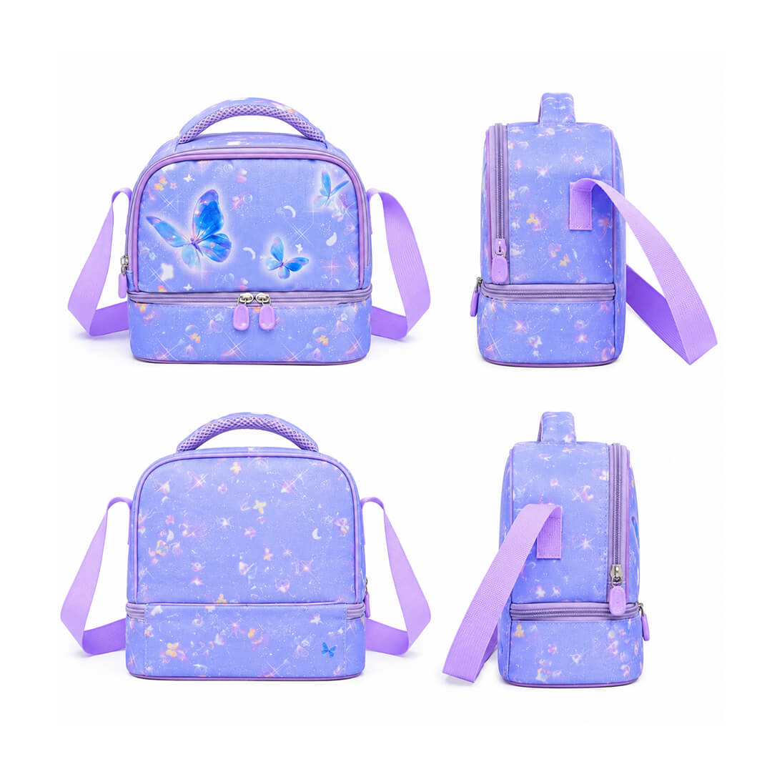 Purple school lunch bag with butterfly print, shown from four angles.