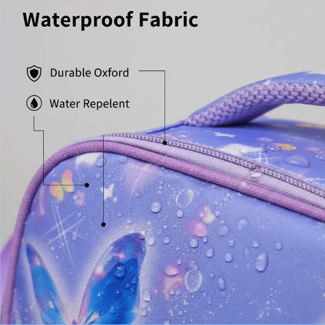 Close-up of a purple lunch bag wirh waterproof oxford fabric.