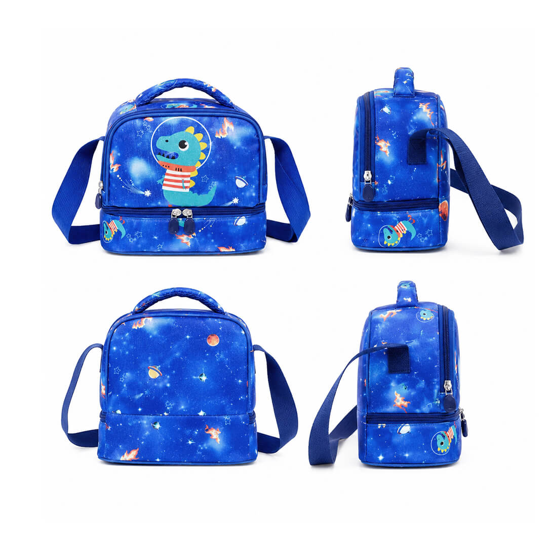 Blue dinosaur-themed school lunch bag shown from four angles.