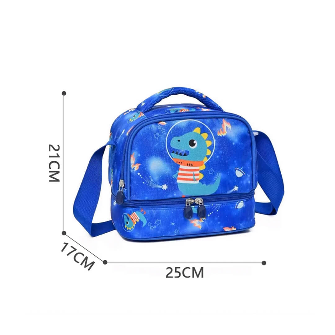 Blue lunch bag with a cartoon dinosaur print, shown with dimensions.