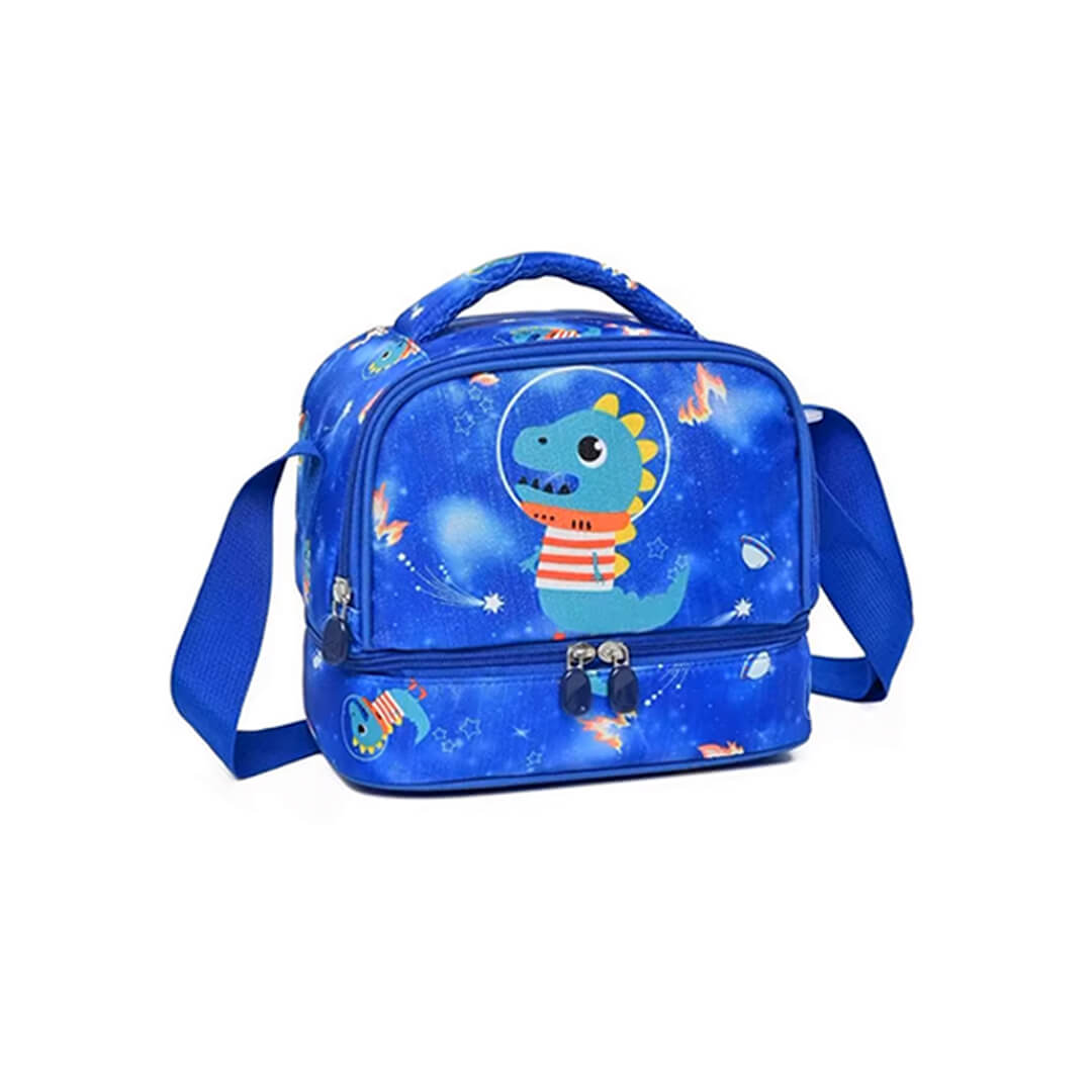 Blue lunch bag with a dinosaur astronaut design, featuring a top handle, shoulder strap, and zippered compartments..