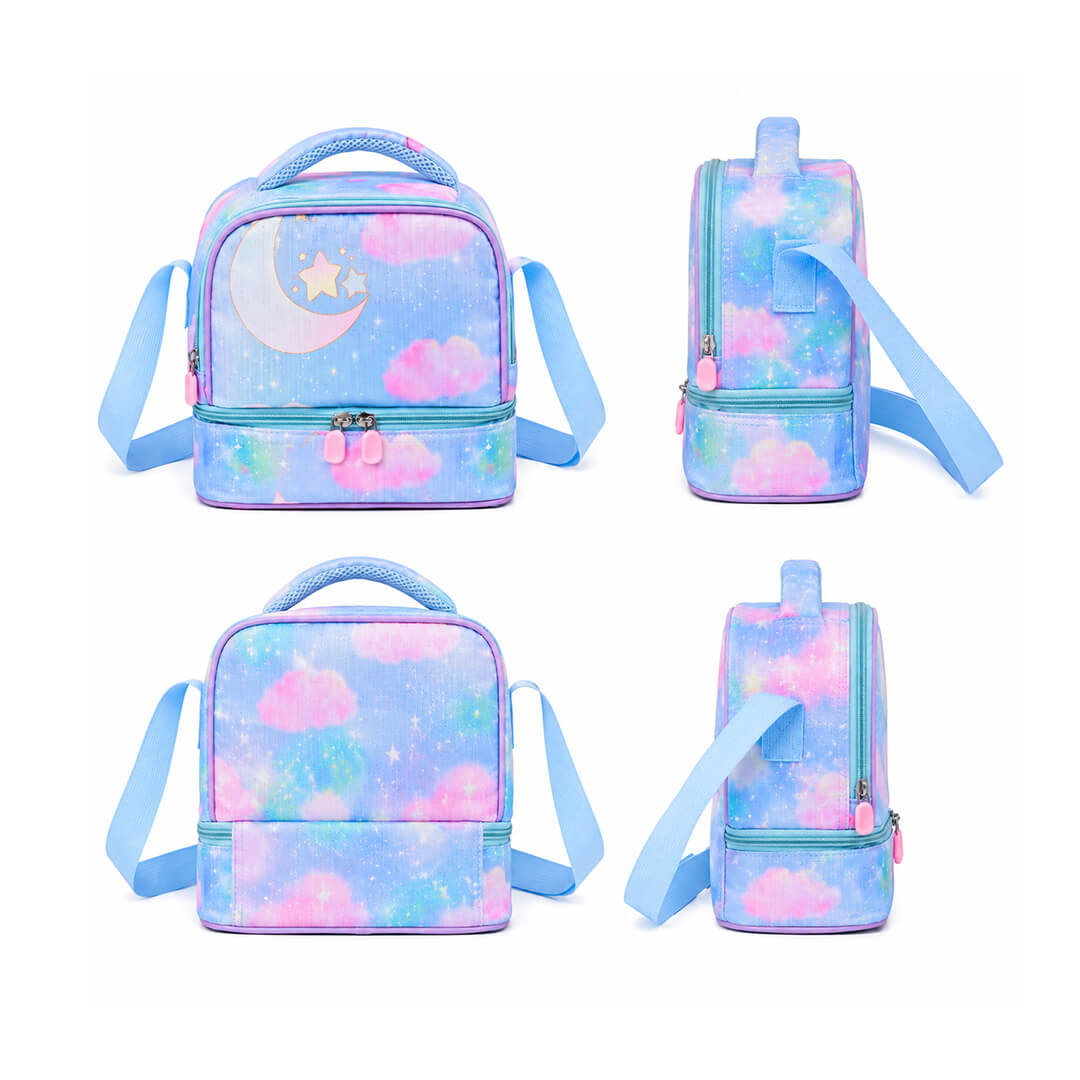 Pastel cloud-print lunch bag, shown from four angles with a blue strap and 2 zippers.