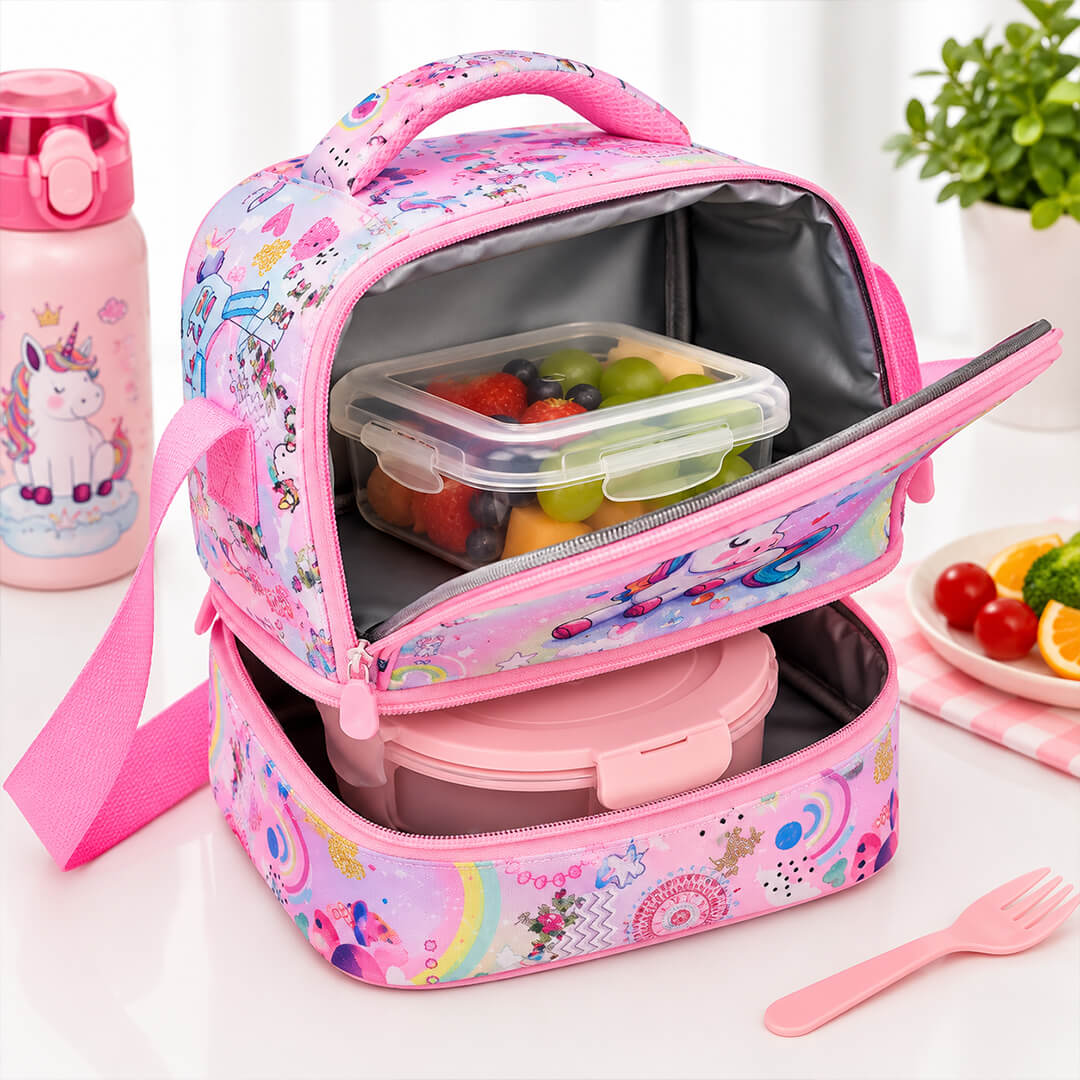 Pink and multicolor unicorn-themed lunch bag with an open-top zipper.