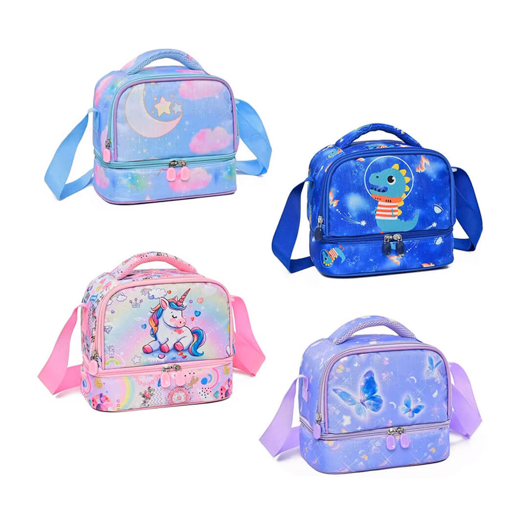 Themed double-layer water resistant lunch bag for boys and girls.