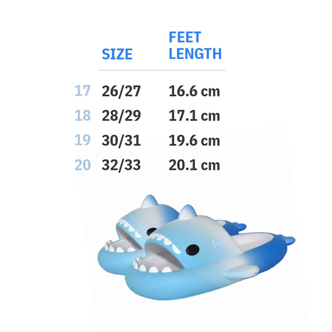 Shark-shaped summer shoes for young kids with size chart 