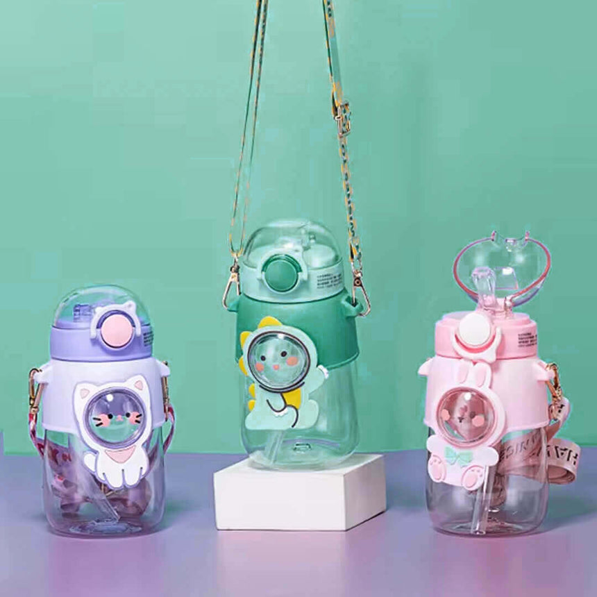 Kids' cartoon water bottle with straw and carry strap
