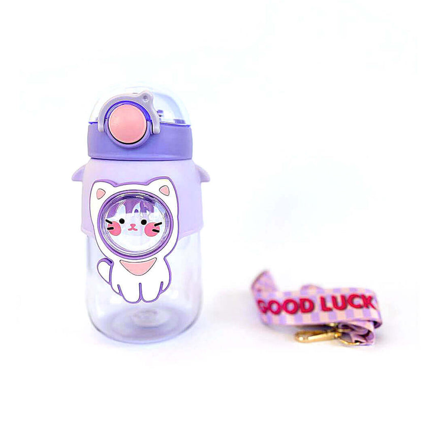 Purple cat kids' water bottle with shoulder strap