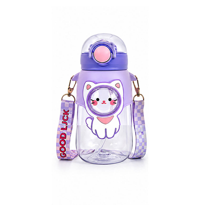 A purple and clear plastic water bottle with a cat graphic for kids