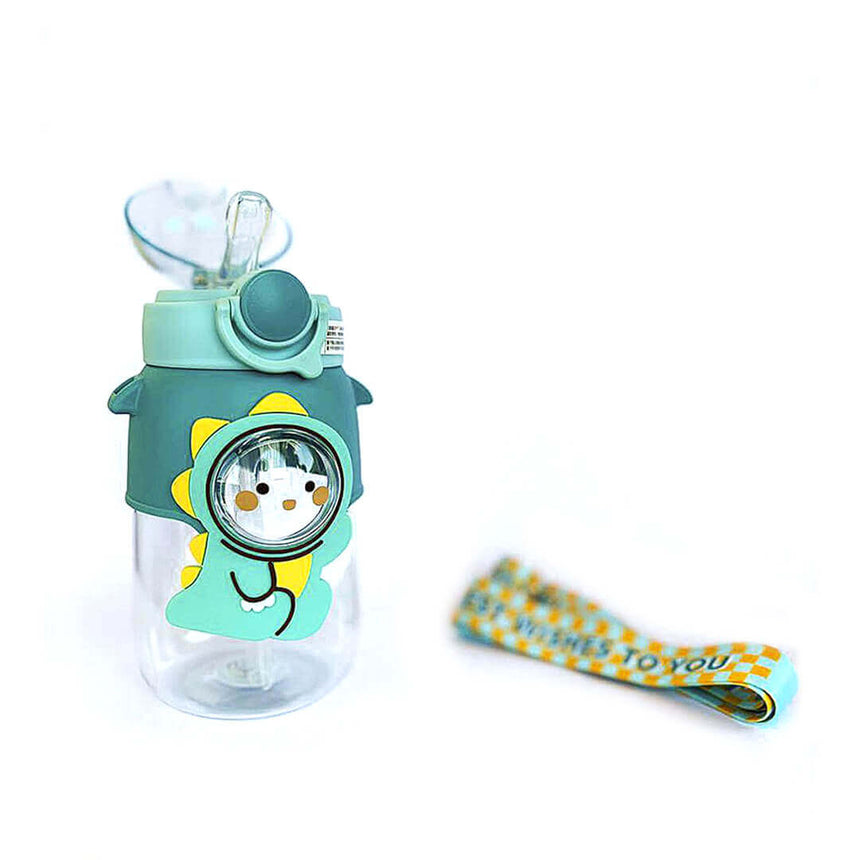 Green dinosaur kids' water bottle with shoulder strap