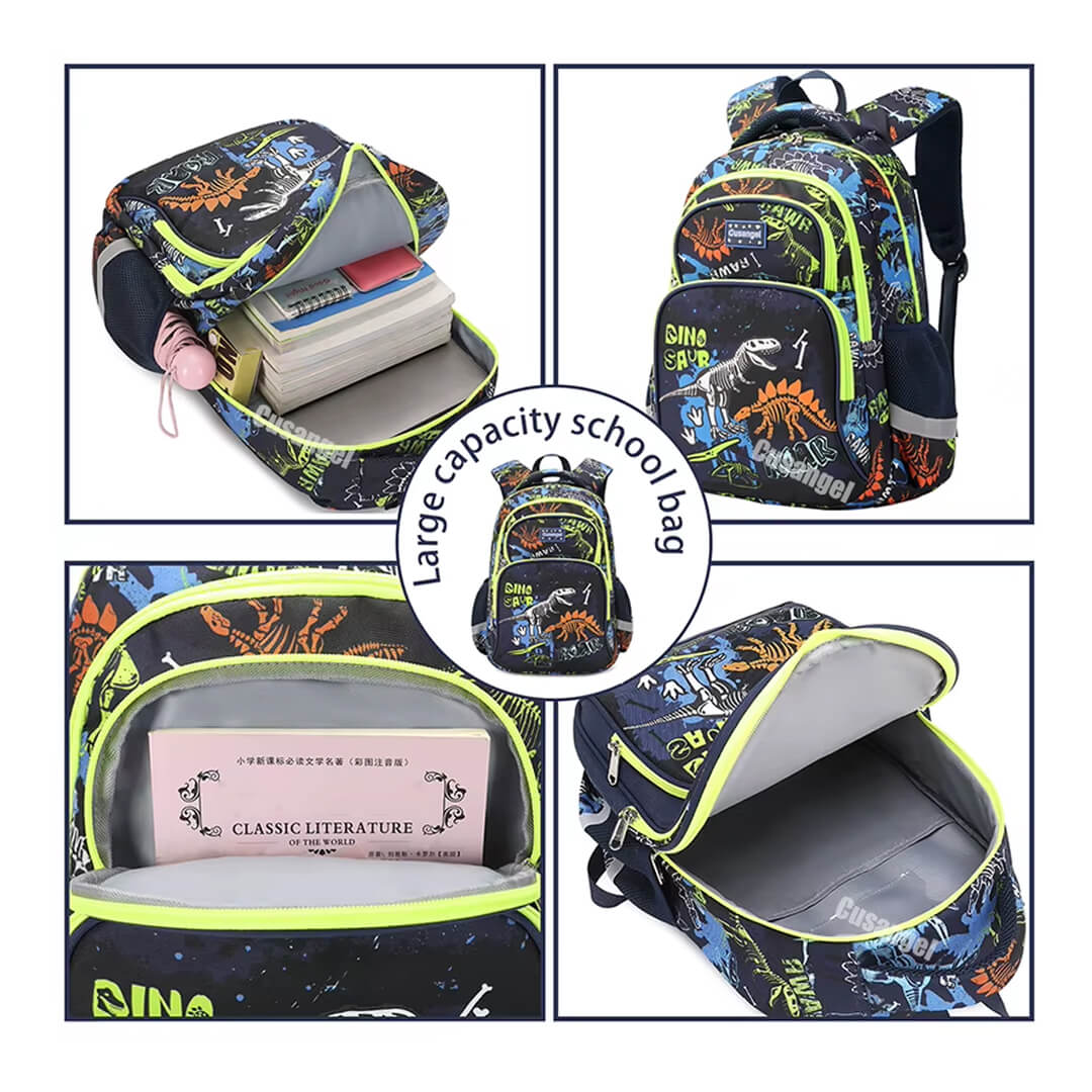 Multifunctional backpack with dinosaur design, showing interior compartments and capacity.