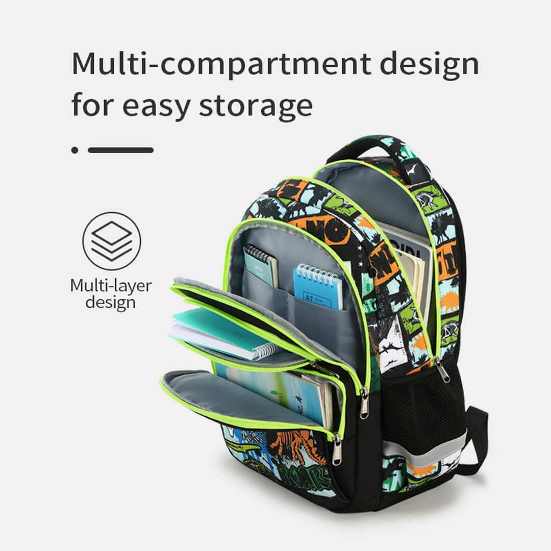 oys dinosaur backpack set with multi compartments and side mesh pockets