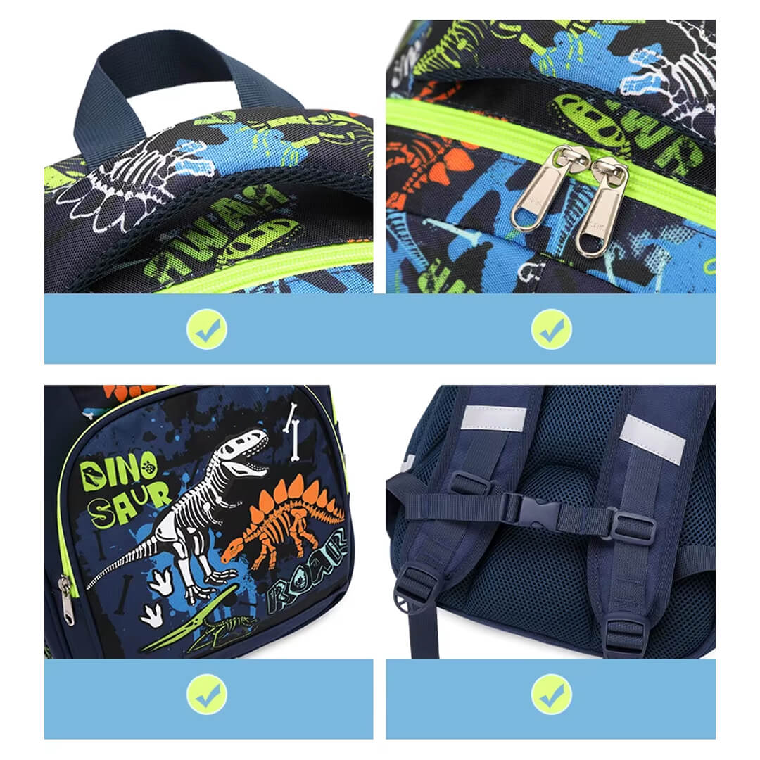 Navy school bag set with dino print for children aged 5 to 10 years