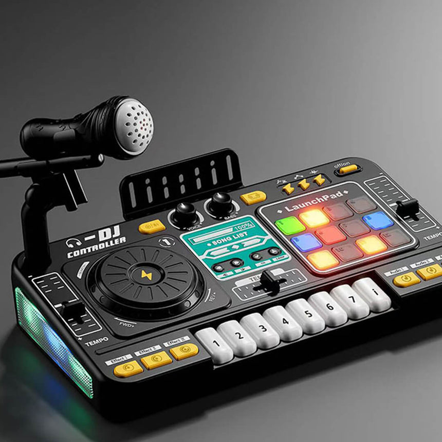 DJ controller with colorful display and microphone for kids