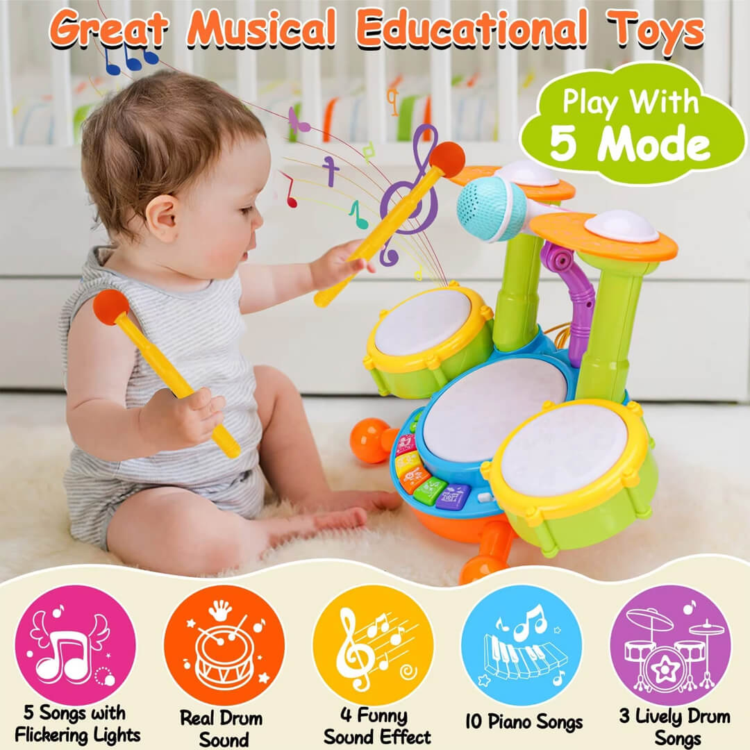 Musical drum set toy for 1–3 year olds with mic and cymbals.