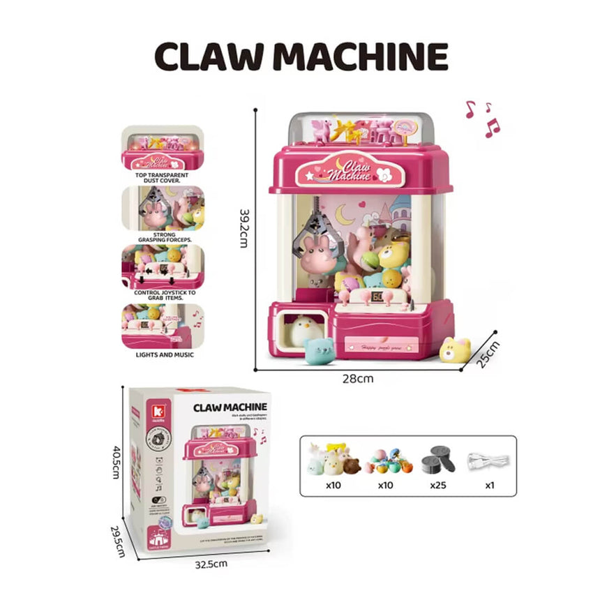 Pink kids electronic claw machine toy with packaging and specifications 