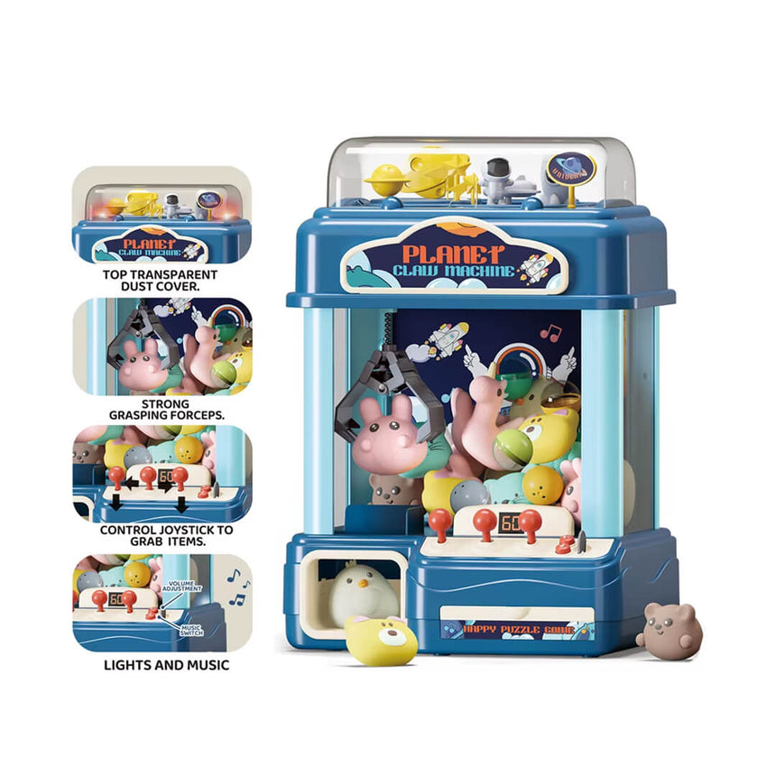 Blue space-themed kids' electronic claw machine with mini surprises