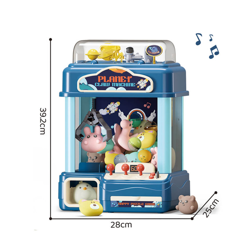 Toy claw machine with various toys inside, labeled 'Planet Claw Machine,' with dimensions