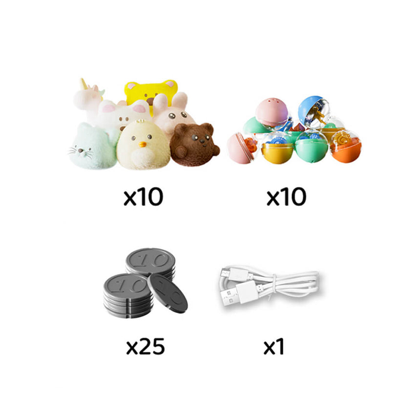 Mini plush toys ready to be grabbed inside kids claw machine