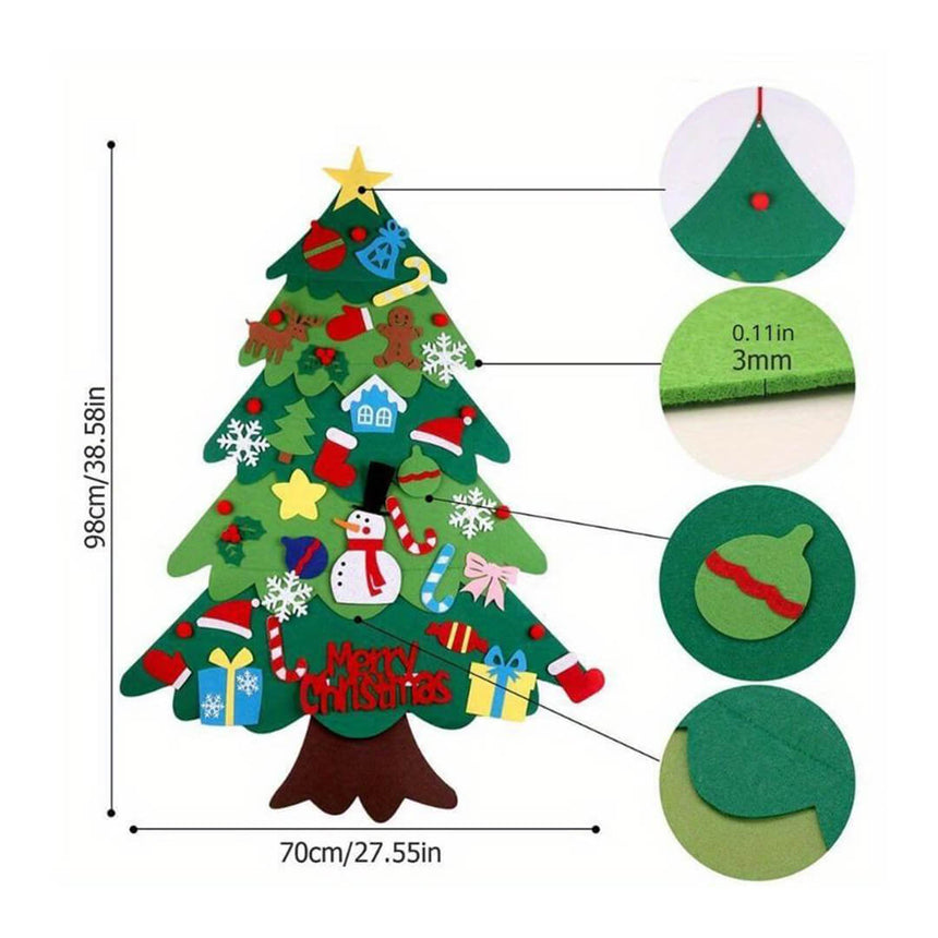 Felt Christmas tree on a wall with decorations and measurements 