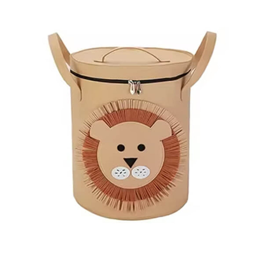 Felt toy storage hamper with zipper closure, brown lion design.