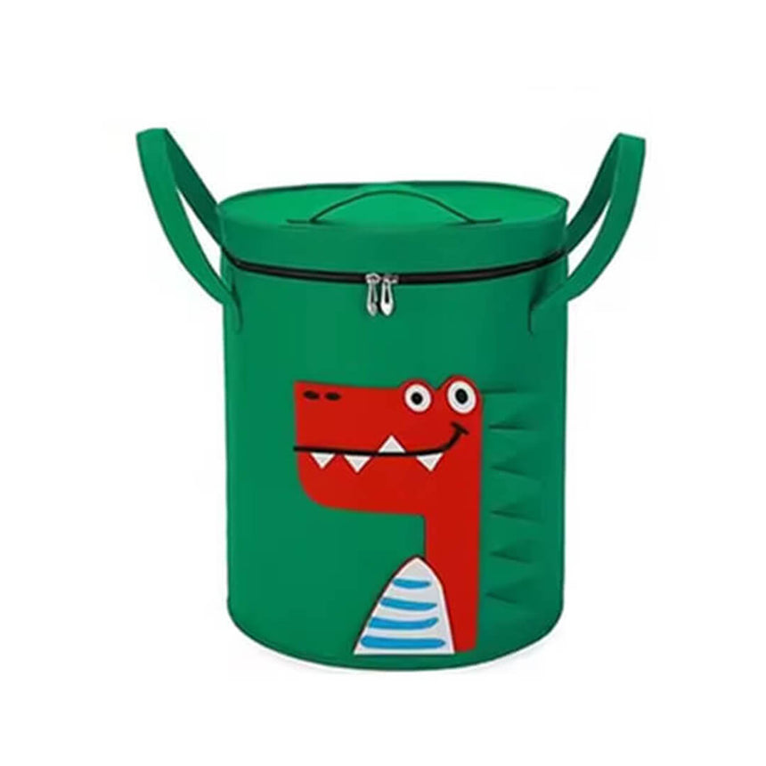 Felt toy storage hamper with zipper closure,  Green & Red Dino design.