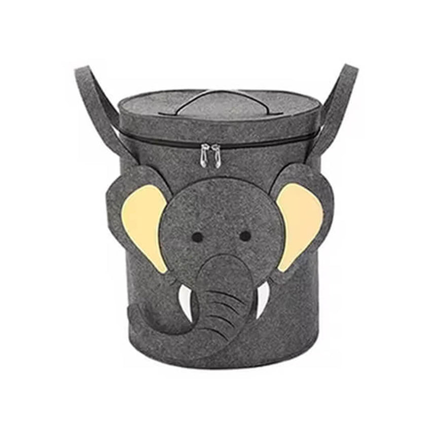Felt toy storage hamper with zipper closure,  grey elephant design.