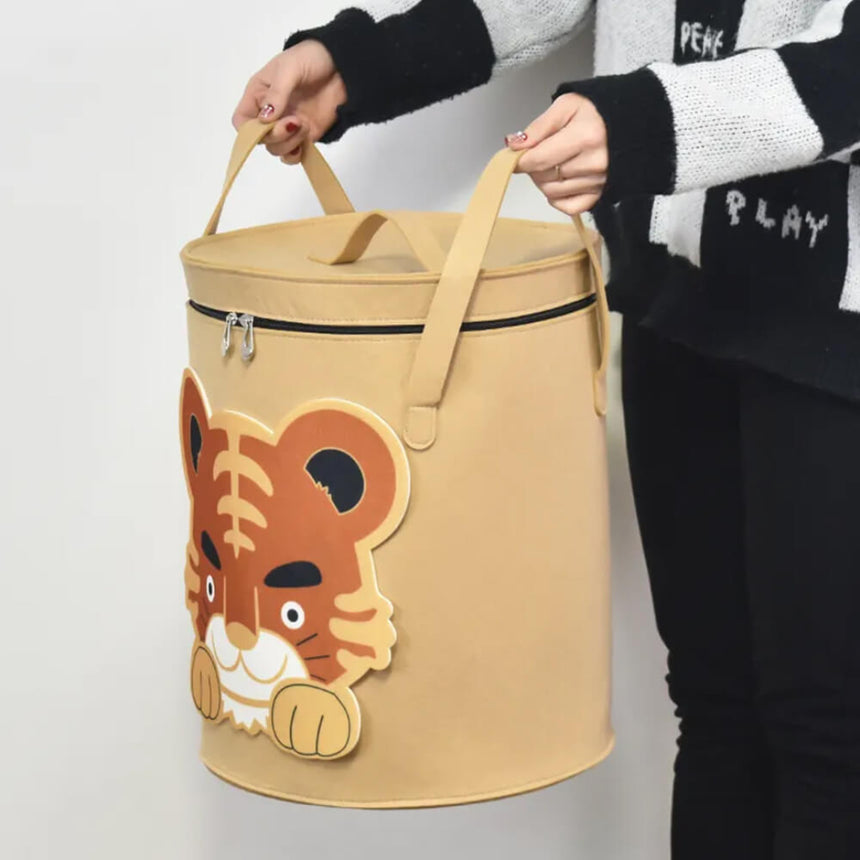 Felt toy storage hamper with zipper closure.