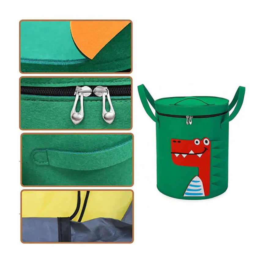 Felt toy storage hamper with sturdy carry handle, close-up shots.