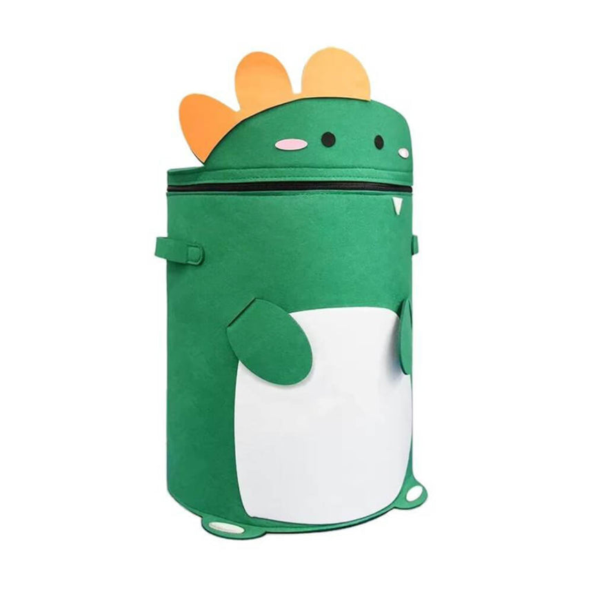 Felt toy storage hamper with zipper closure, green dino design.