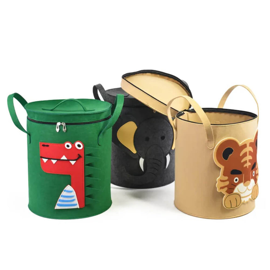 Felt toy storage hamper with zipper closure and animal designs