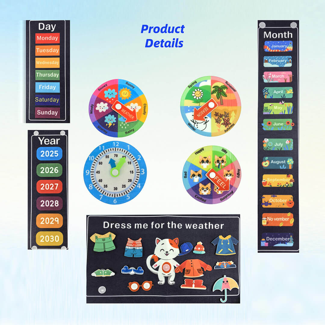 Interactive wall calendar for kids with Velcro learning pieces