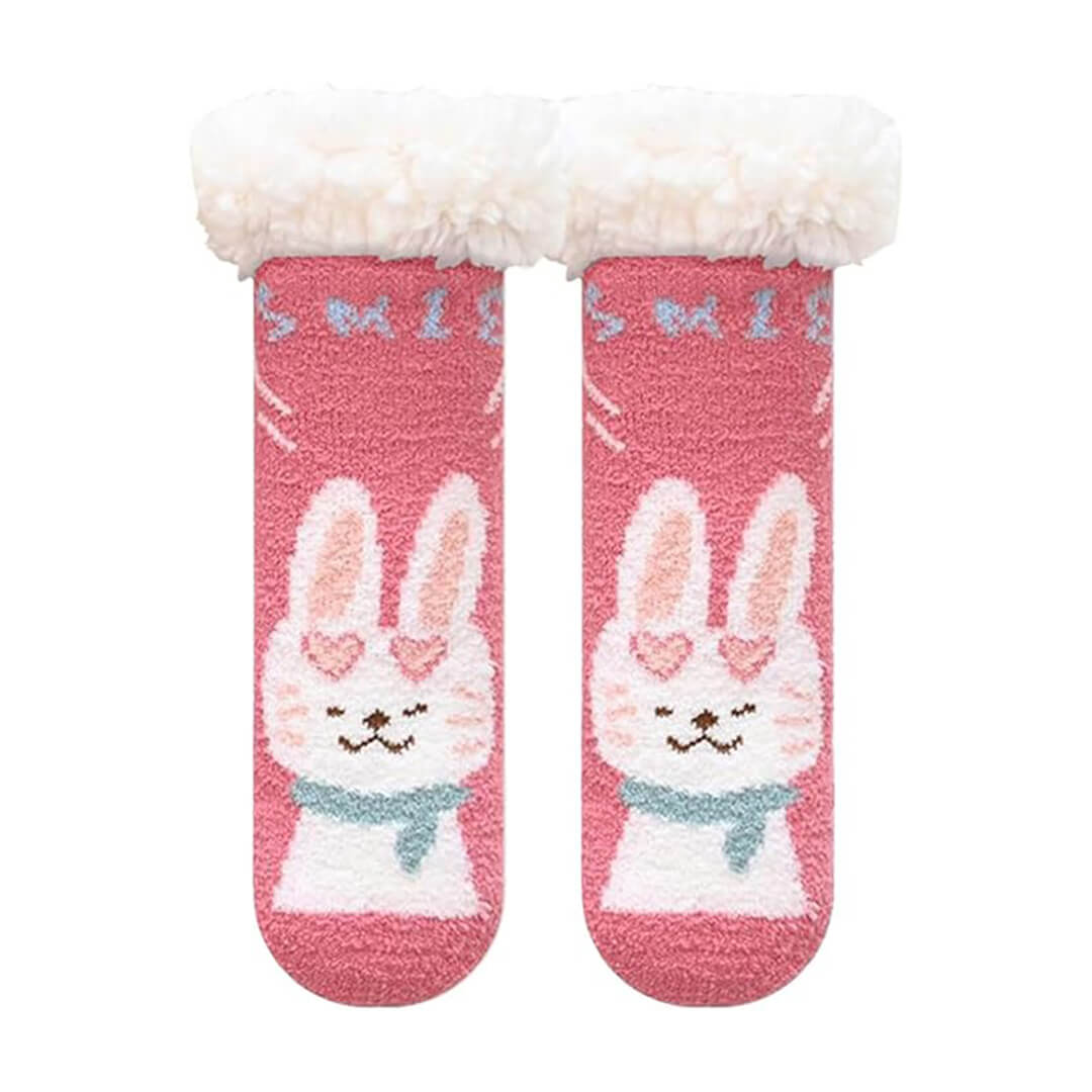 kids Fleece Sleep Socks (4-7 Years) - 3 Designs Pink Rabbit ( 16 - 21 cm)