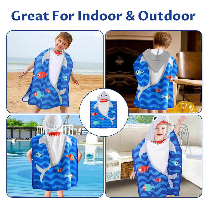 Boys' Microfiber hooded beach towels, blue shark design, for indoor and outdoor use