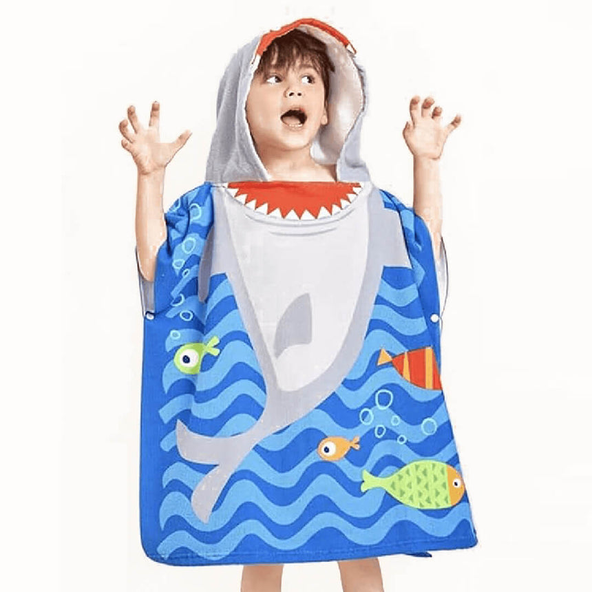 Boys' Microfiber hooded beach towels, blue shark design, front shot