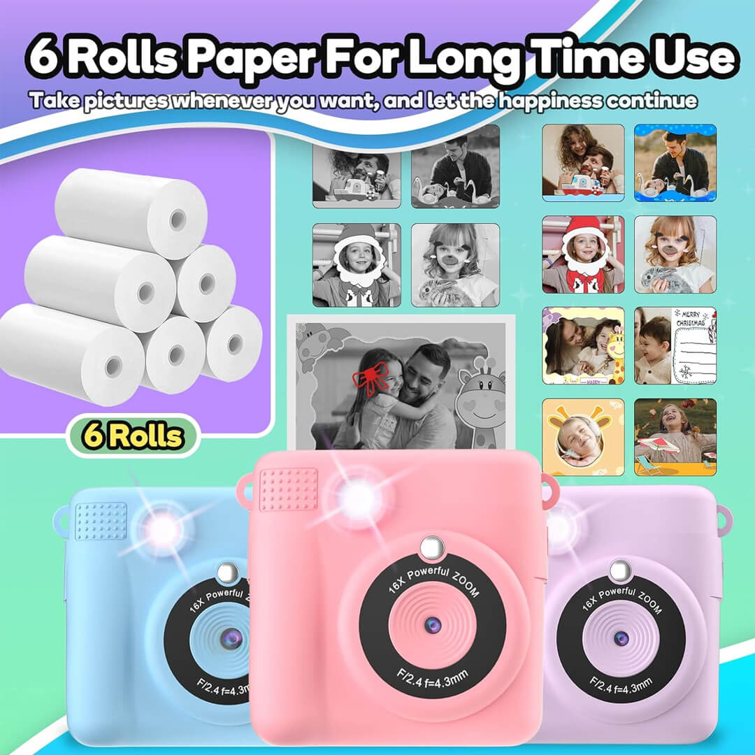 Kids instant print cameras with 6 rolls for long time use.