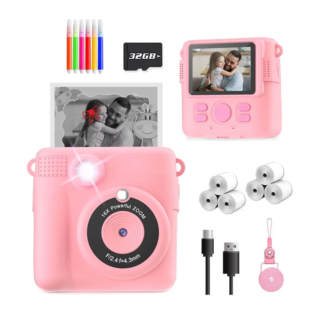 Pink instant print camera for kids with 6 rolls