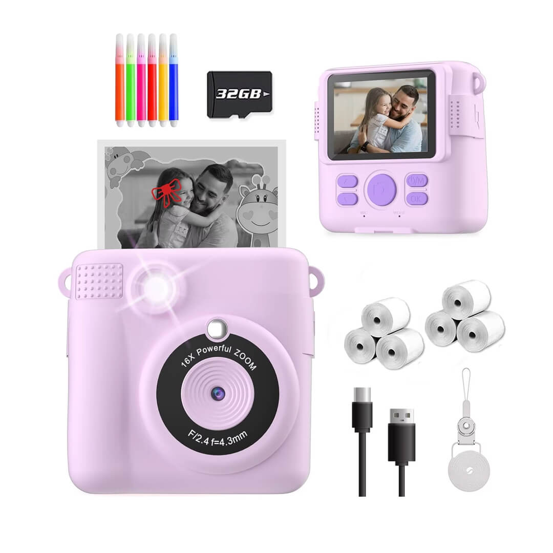 Purple instant print camera for kids with 6 printing rolls