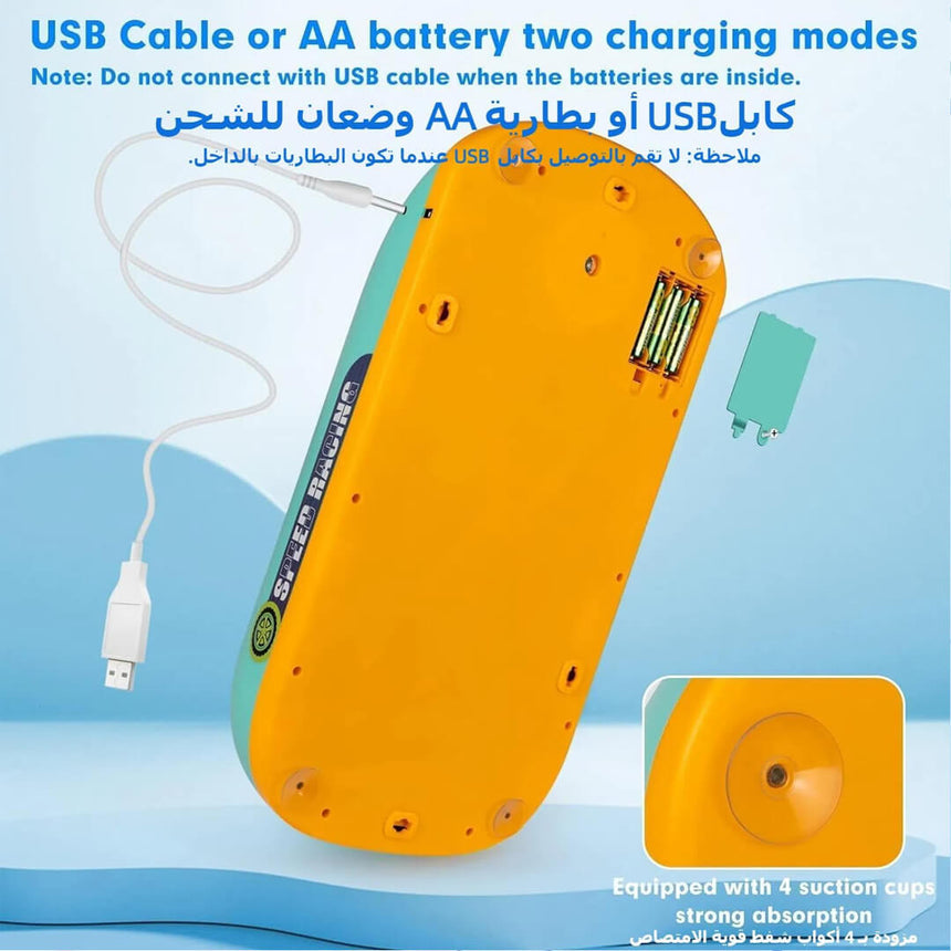 Toy car steering wheel with 2 ways of charging: batteries and USB cable