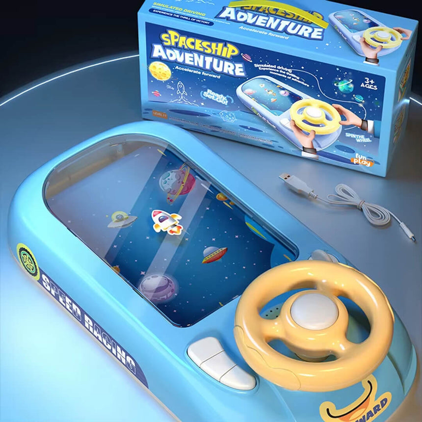 Blue rocket-themed steering wheel toy for kids