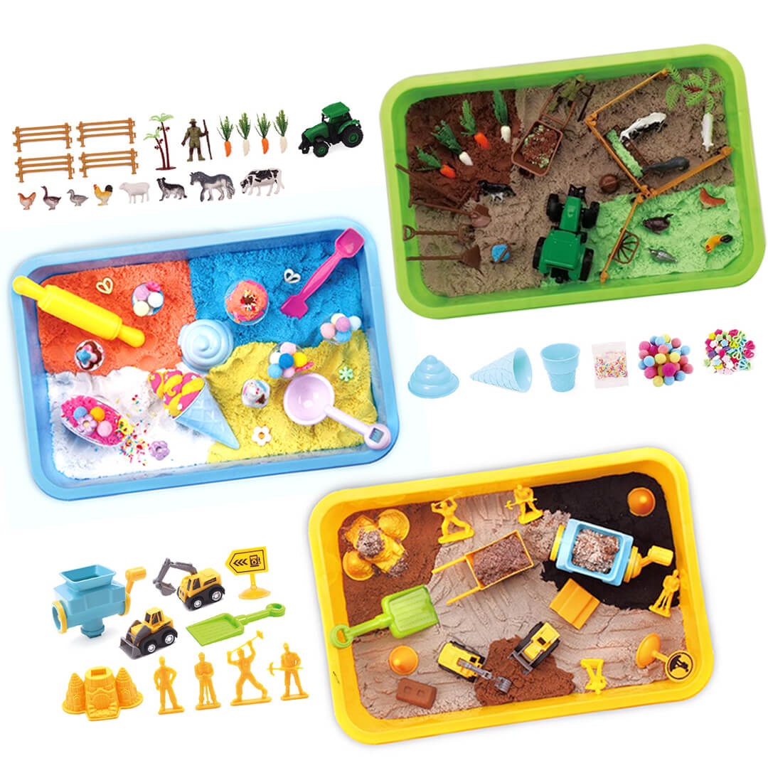 Reusable kinetic sand sensory set with themed accessories. 800g of sand