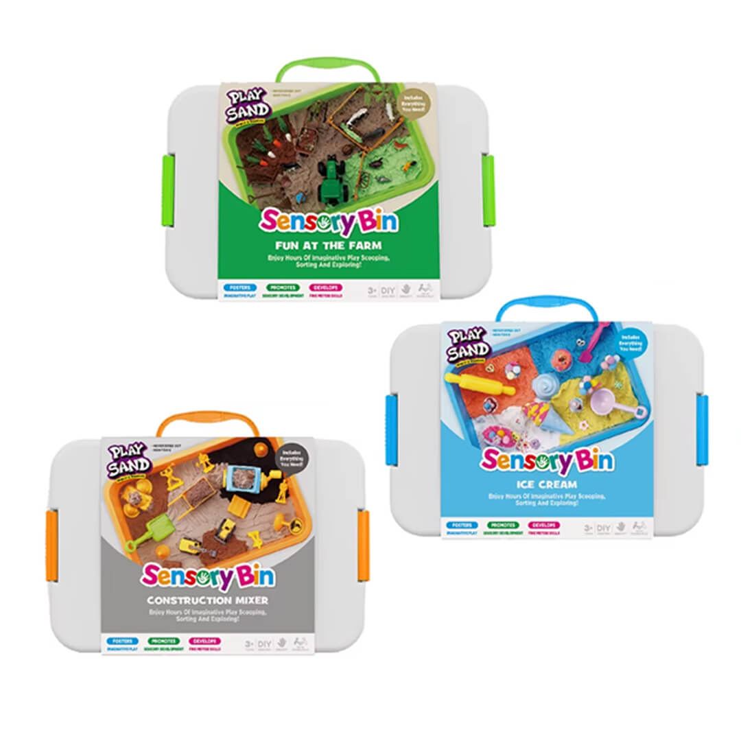 Three sensory bins with different themes of kinetic sand and accessories