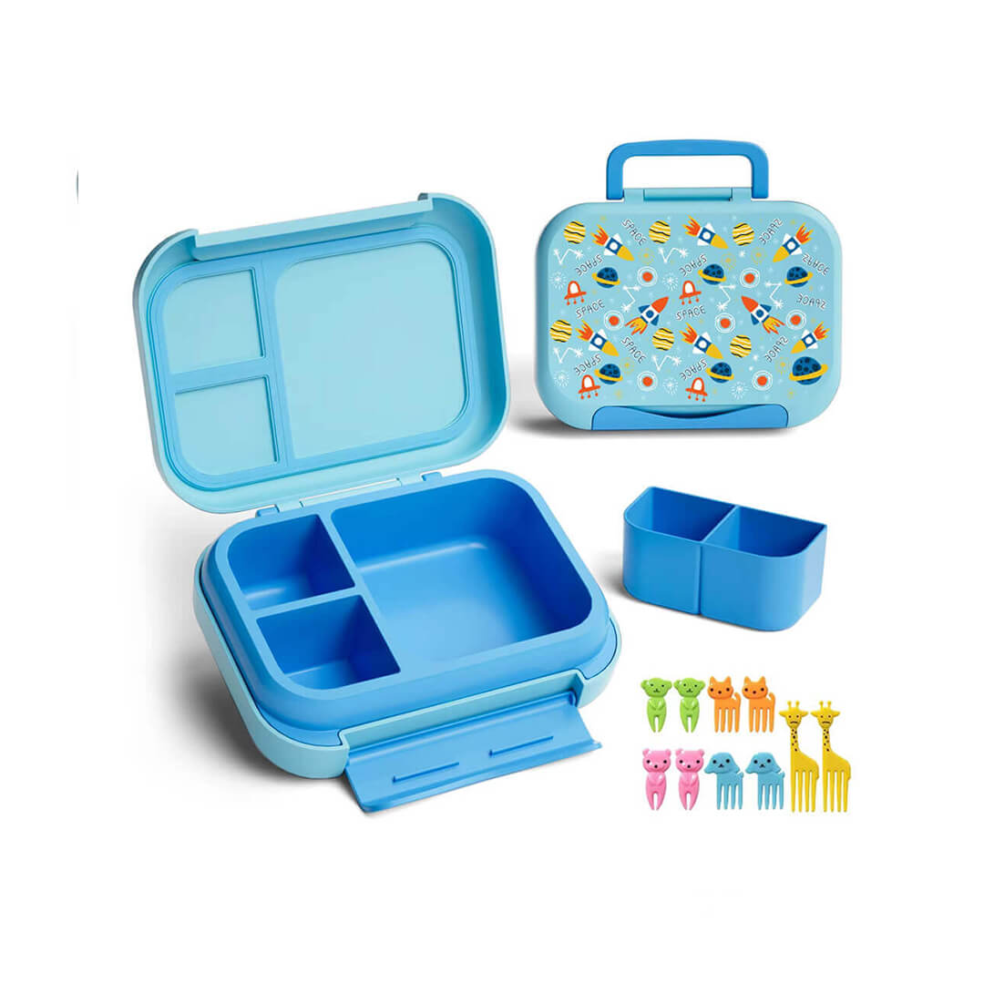 Space-themed school lunch box for kids with mini forks