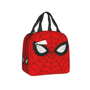 A red lunch bag with a Spider-Man-inspired web pattern with front zipper