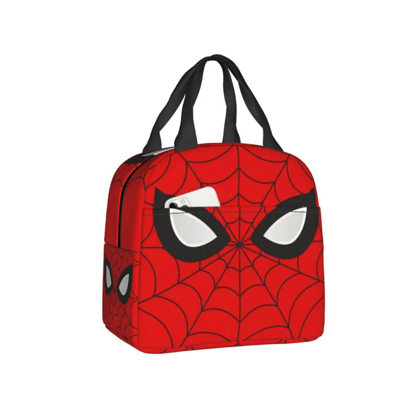 A red lunch bag with a Spider-Man-inspired web pattern with front zipper