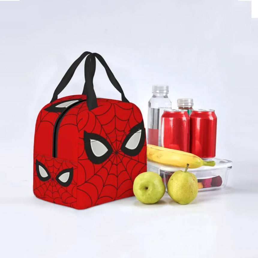 A red lunch bag with a Spider-Man-style web pattern and black handles